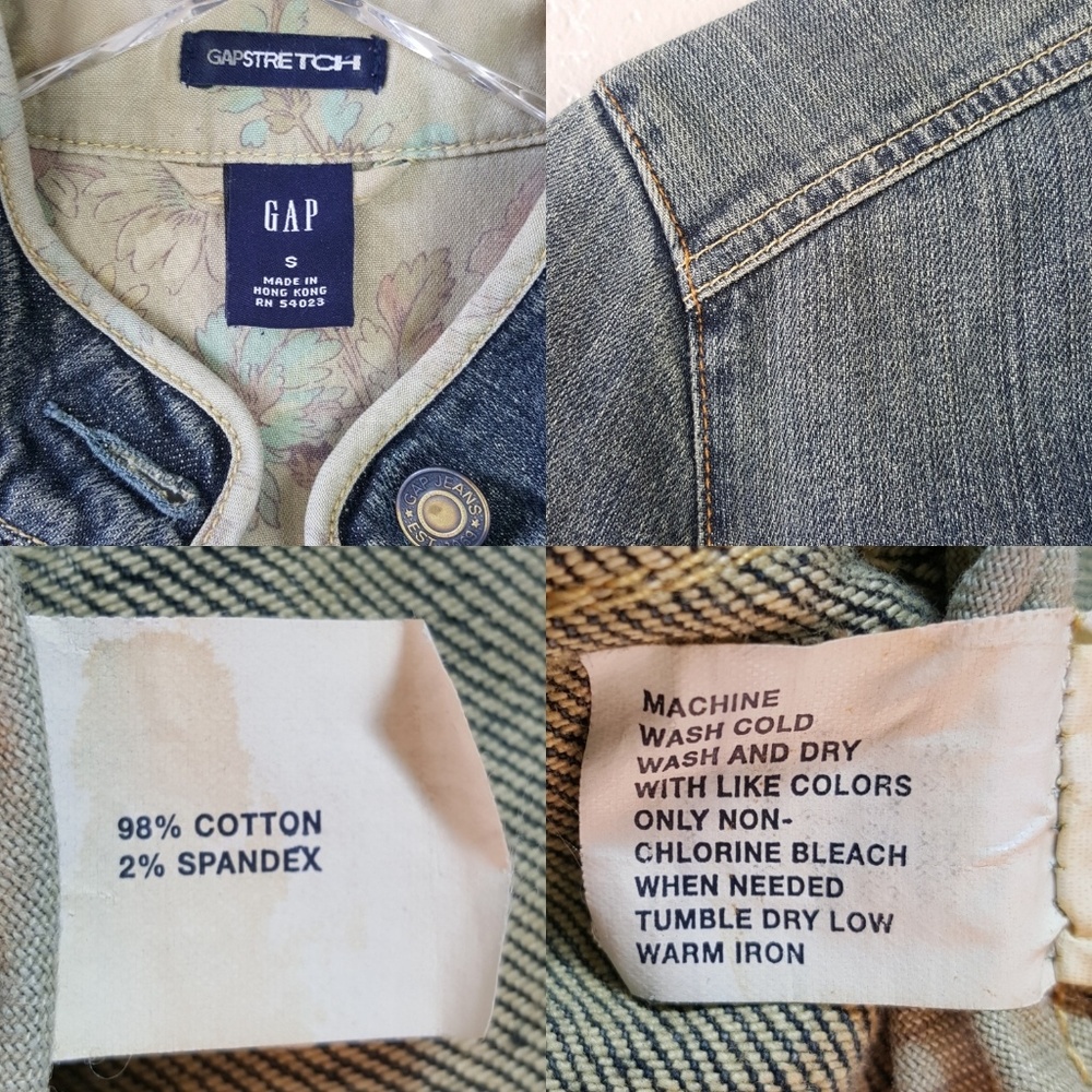 Vintage Gap Stretch Dip Dye Dark Denim Floral Trim Boho Mock Neck Jacket Coat S - Picture 8 of 8